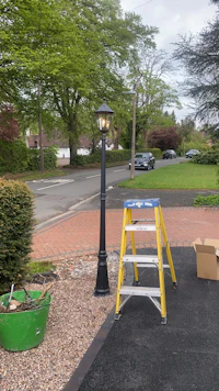 a ladder is placed on a sidewalk next to a tree